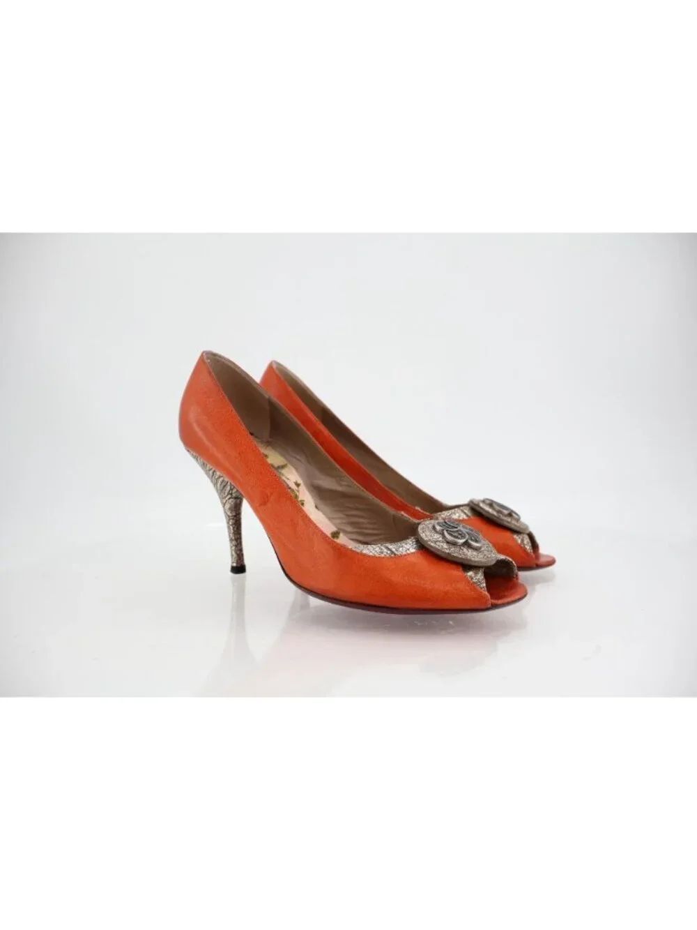 Kenzo Peep Toe Pumps Women 39 / 7.5 Orange Silver Leather Heel Slip On Shoes